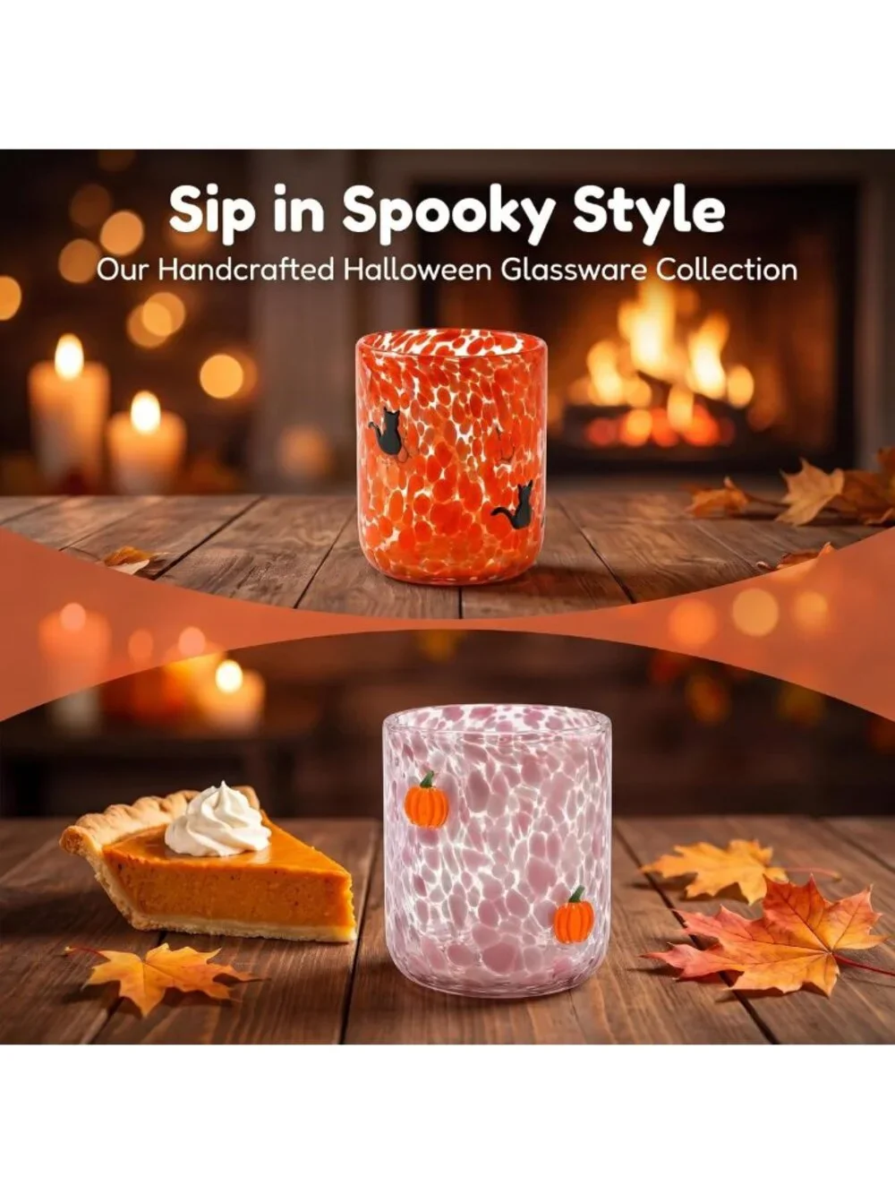 Set of 4 Halloween Glass Cups - 16oz Ghost, Bat, Pumpkin, Black Cat - Cute Party